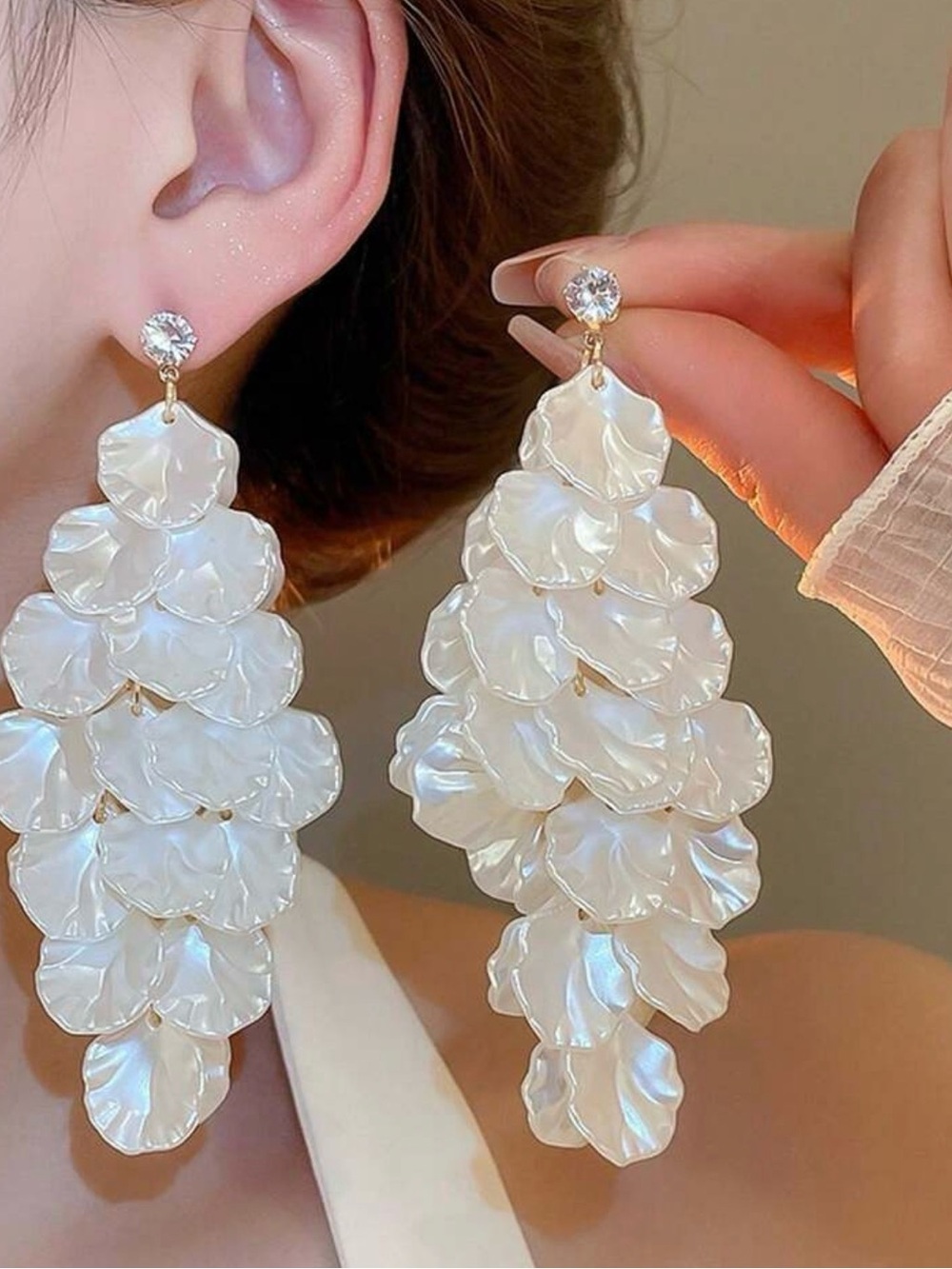 Elegant Pearl-Effect Petal Drop Earrings - White